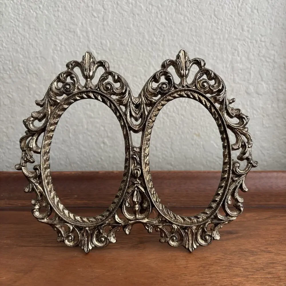 Vintage Gold Picture Frame Double Ornate Oval Art Decor Miniature Home